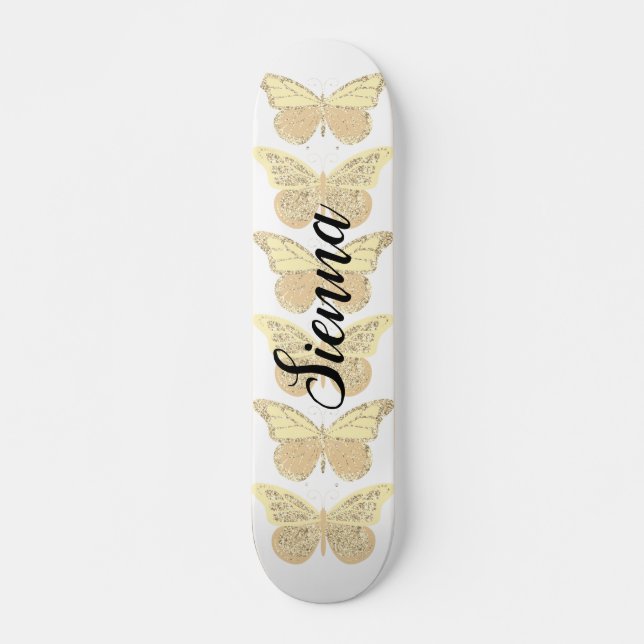 Skateboard Papillons étincelants en or jaune Personnalisé (Devant)