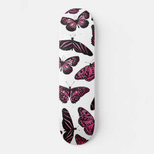 Skateboard Papillons noir rose Fille Motif d'aquarelle