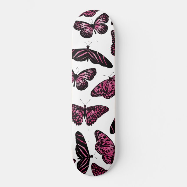 Skateboard Papillons noir rose Fille Motif d'aquarelle (Recto)