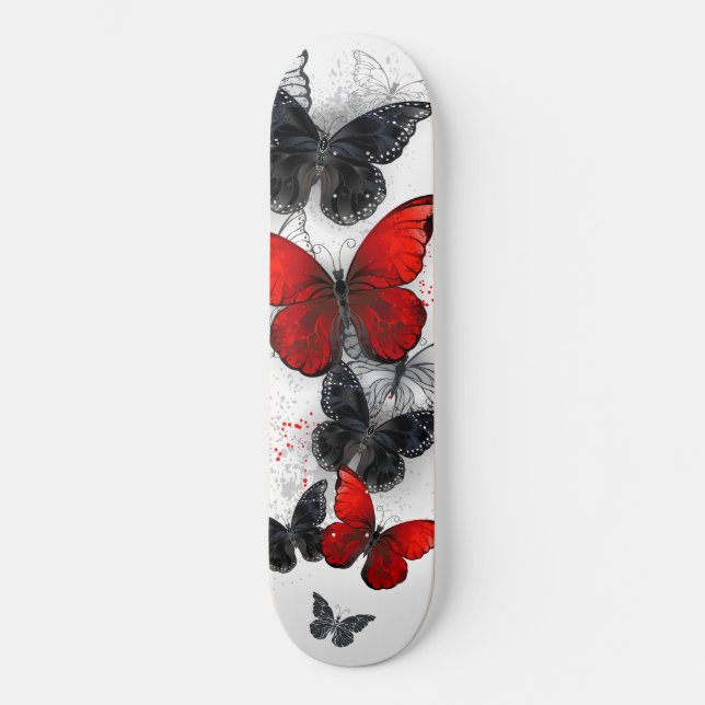 Skateboard Papillons noirs et rouges volants (Recto)