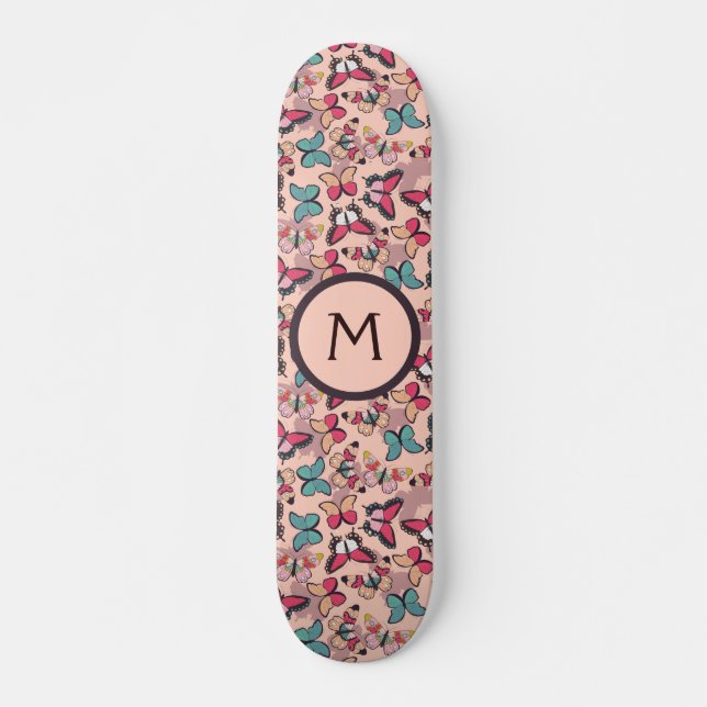Skateboard Papillons rose Turquoise fille fille Whimsical (Devant)