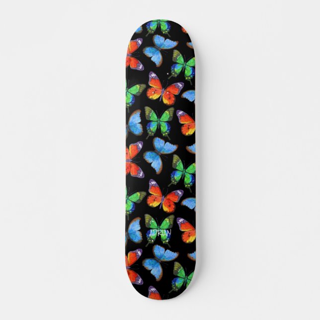 Skateboard Papillons sur le noir et le nom ou le texte (Devant)