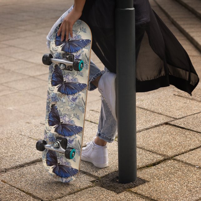 Skateboard Parties scintillant Bleu Papillon bleu marine avec (GIRLY CUTE BUTTERFLY SPARKLE ELEGANT SKATEBOARD)