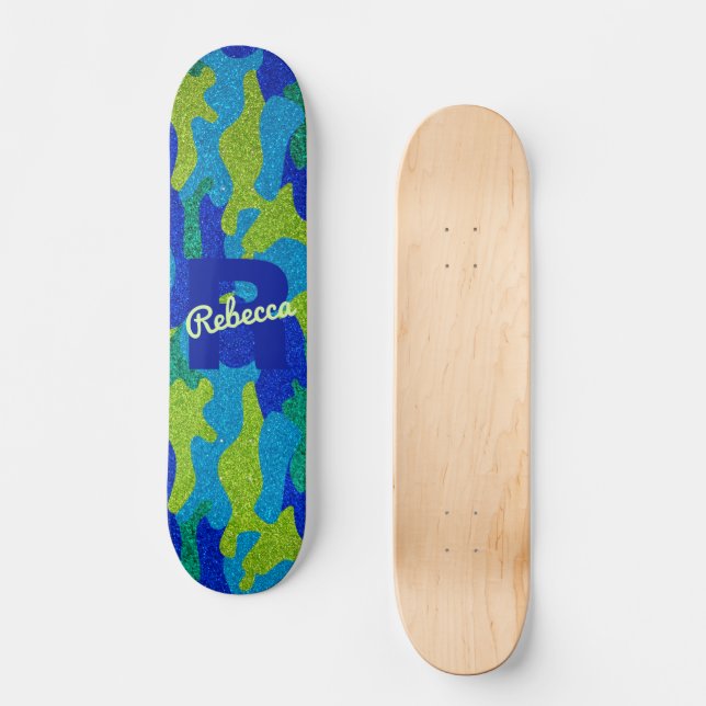Skateboard Parties scintillant Camouflage bleu et vert clair  (Recto)
