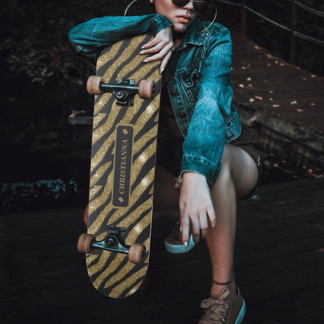 Skateboard Parties scintillant noir & or Animal Zebra Tiger S (Black & Gold Glitter Animal Zebra Tiger Stripe Skateboard)