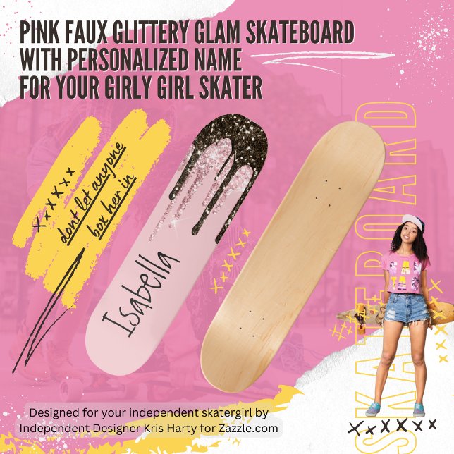 Skateboard Parties scintillant rose vif Fille Épersion Nom pe (Girl power for your authentic skatergirl with this personalized pink skateboard with faux glitter.)