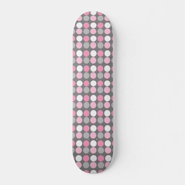 Skateboard Patinage à points rose blanc et gris Polka (Devant)