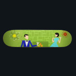 Skateboard Patinage en couple moderne du milieu du siècle<br><div class="desc">Ce skateboard de couple moderne du milieu du siècle ressemble à une scène d'une comédie romantique. Le style des années 60, au design minimaliste, est composé d'un joli couple de dessins animés qui passent une soirée romantique à la maison. La chambre sophistiquée est dotée d'un mur en pierre verte et...</div>