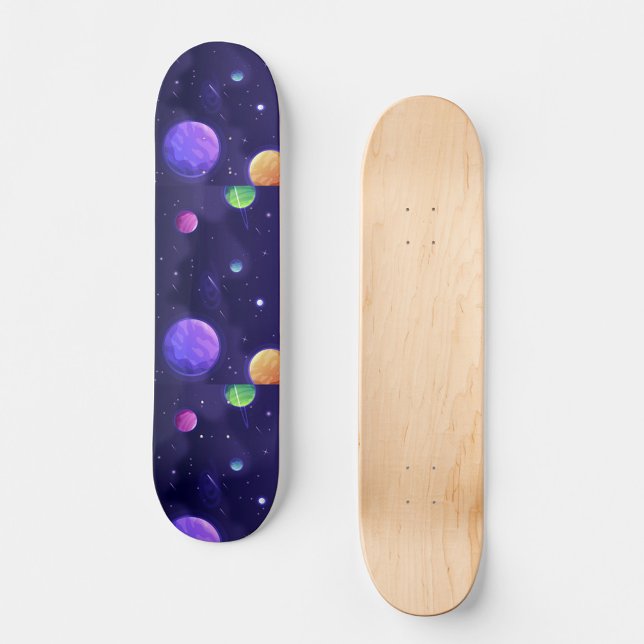 Skateboard Patinage Galaxy Gradient (The planets are depicted in various colors, including purple, yellow, green, and blue.)