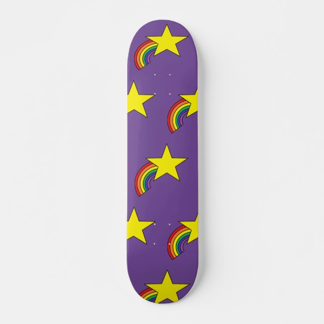 Skateboard Patinage violet avec arcs-en-ciel et étoiles jaune (Devant)