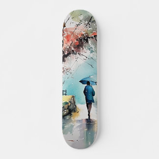 Skateboard Patineta con Mujer Bajo la Lluvia en Arte Acuarela