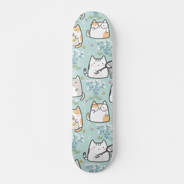 Skateboard Pattern Cute Kawaii Cats plant butterflies (Devant)