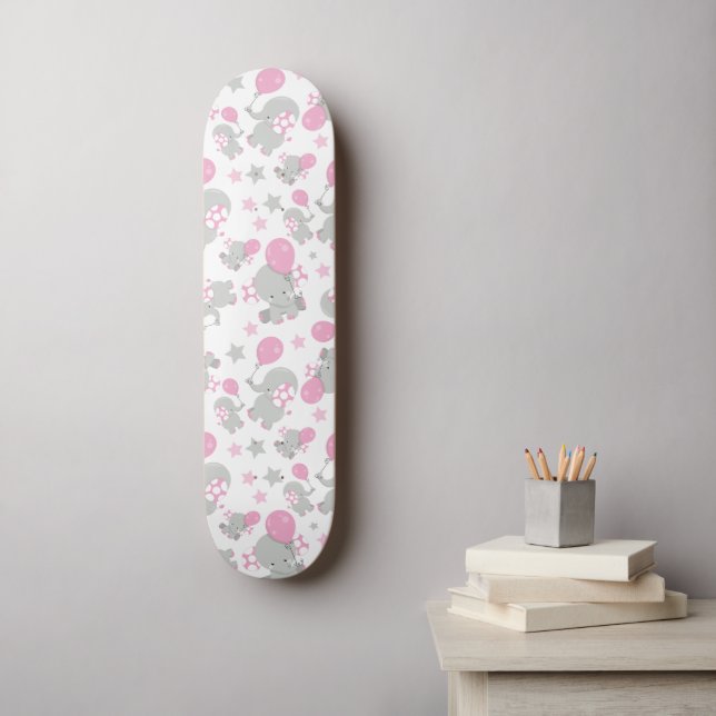 Skateboard Pattern of Elephants, Cute Elephants - Pink Gray (Art mural)