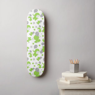 Skateboard Pattern of Green Elephants, Cute Elephants, stars