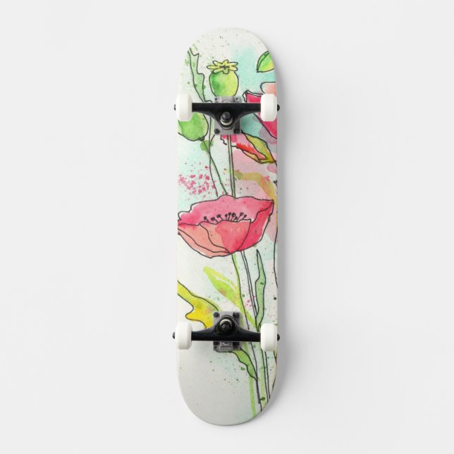 Skateboard Pavots peints d'aquarelle (Recto)