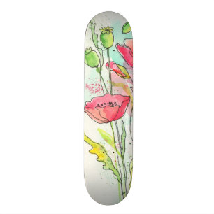 Skateboard Pavots peints d'aquarelle