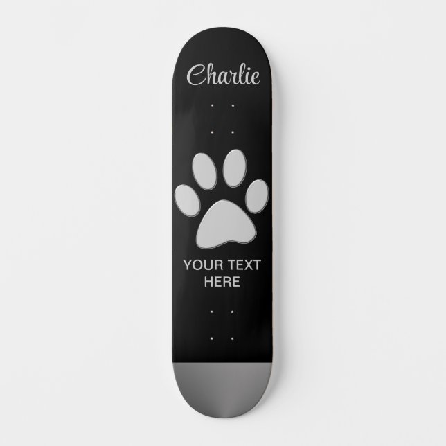 Skateboard Paw Chien Argent sur arrière - plan noir (Recto)