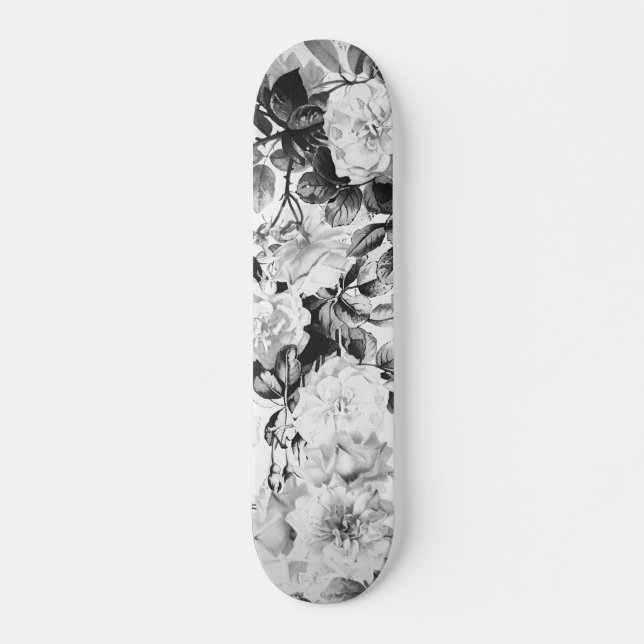 Skateboard Pays moderne blanc noir d'aquarelle floral (Devant)