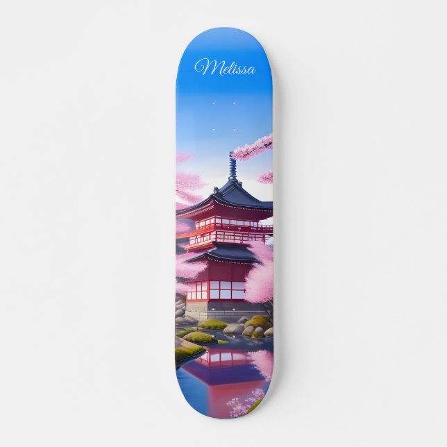 Skateboard Paysage Japonais Fleurs De Cerisiers Et Temple (Devant)
