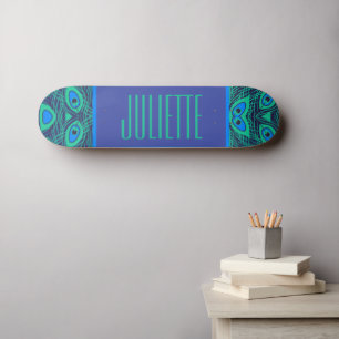 SKATEBOARD PEACOCK FEATHER MOTIF TURQUOISE VERT BLEU AVEC NOM