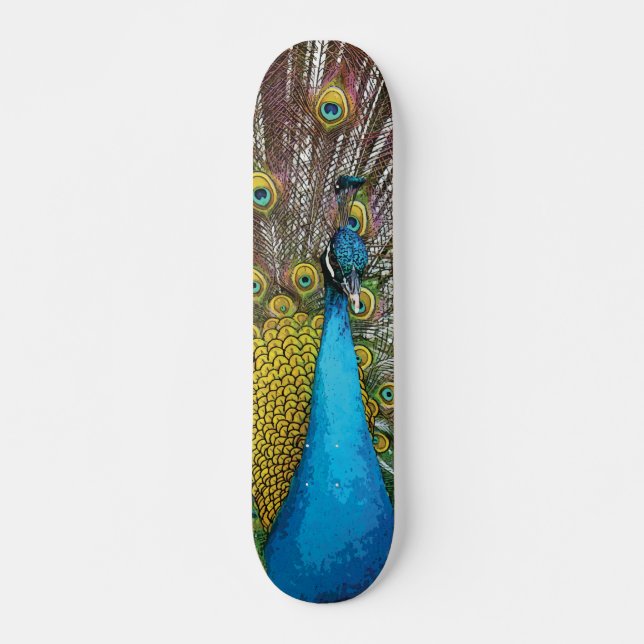 Skateboard Peacock Regal avec plumes Turquoises Bleues et Or (Devant)