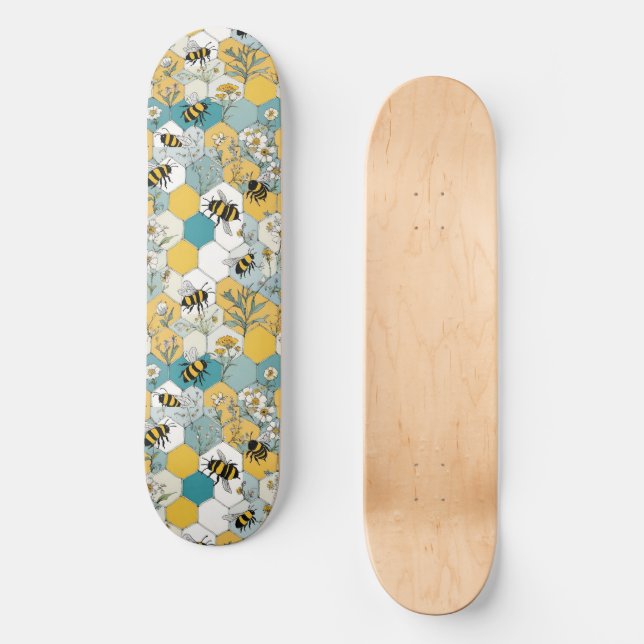 Skateboard Peigne florale avec abeilles Jaune et Turquoise (Recto)