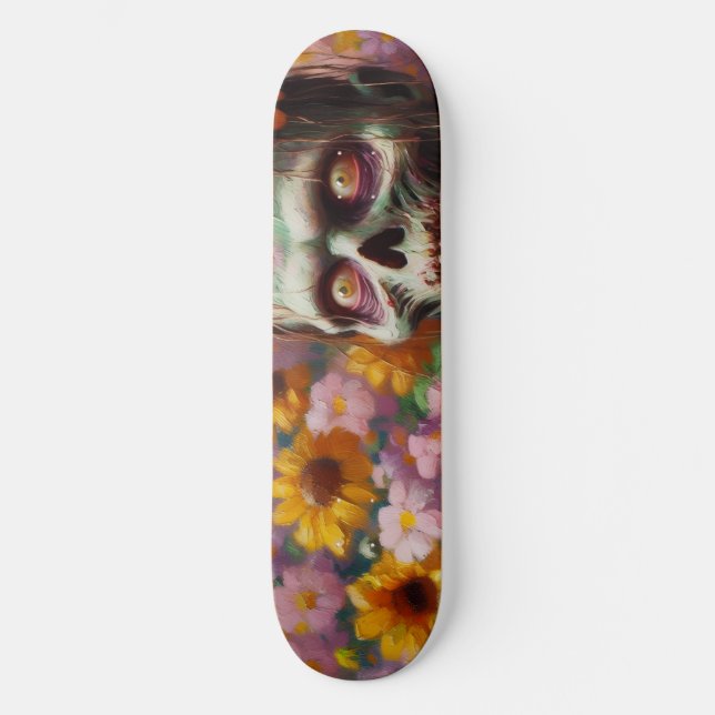 Skateboard Peinture à l'huile de Zombie dans le champ de fleu (Recto)