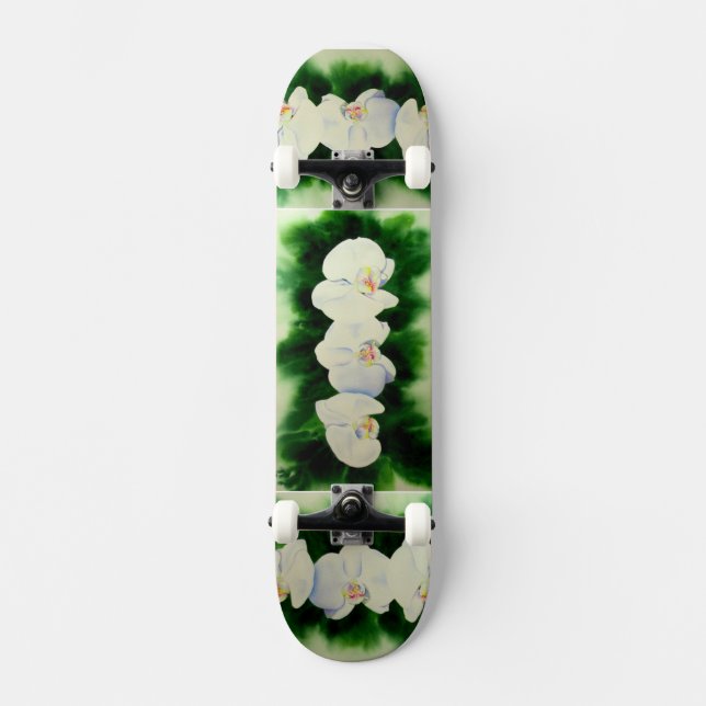 Skateboard Peinture d'orchidée à l'aquarelle blanche tropical (Recto)