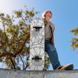 Skateboard Peinture florale noire et blanche sur votre propre