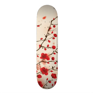 Skateboard Peinture orientale de style, fleur de prune au