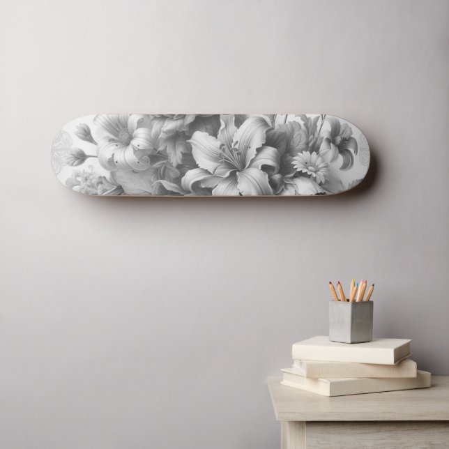 Skateboard Perfection florale noire et blanche (Art mural (Horz))