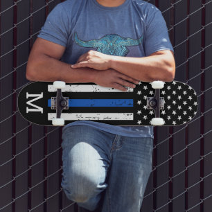 Skateboard Personnalisé Mince Ligne Bleue Drapeau Monogramme