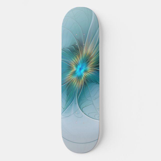 Skateboard Petite Beauté Moderne Bleu Or Fractal Art Flower (Recto)