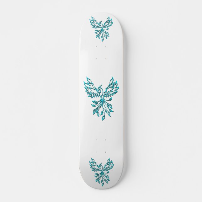 Skateboard Phoenix Bleu se Lève sur Fond Blanc (Devant)