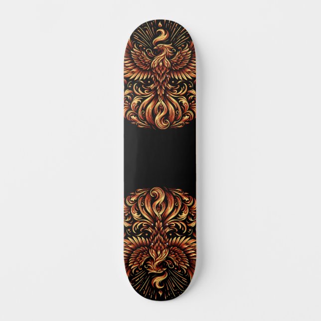 Skateboard Phoenix doré sur plateau de skate noir (Recto)