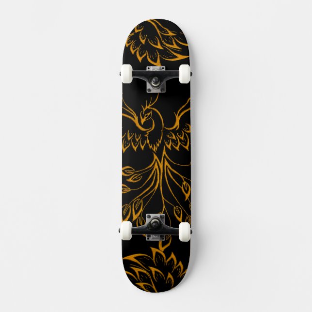 Skateboard Phoenix en cuivre se lève sur noir 2 (Recto)