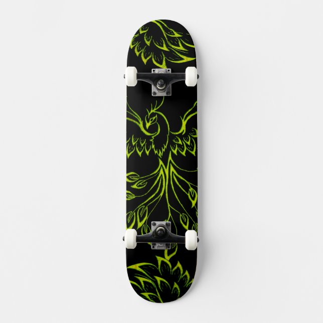 Skateboard Phoenix vert se lève sur le noir (Recto)