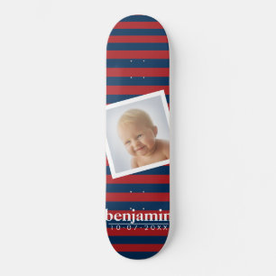 Skateboard Photo et Motif rayé bleu rouge - Nom