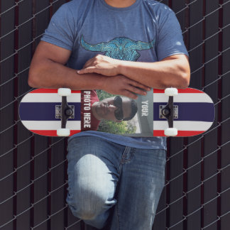 Skateboard Photo/texte personnalisé rouge, blanc et bleu