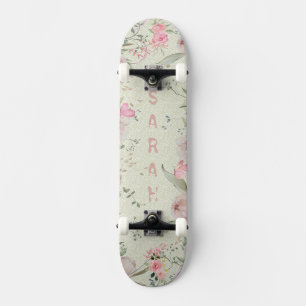 Skateboard Pivoine & Papillons Sage Esthétique