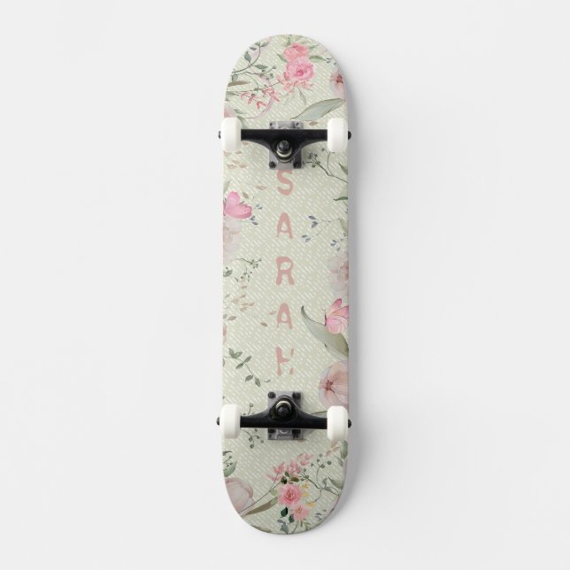 Skateboard Pivoine & Papillons Sage Esthétique (Recto)