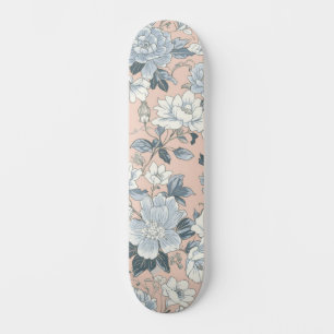 Skateboard Pivoines bleues Pêche Floral Botanique Vintage