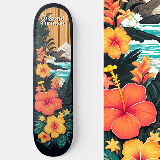 Skateboard Plage de Paradis tropical et l'art des fleurs (Tropical Paradise Sea Beach & Flowers Art Skateboard)
