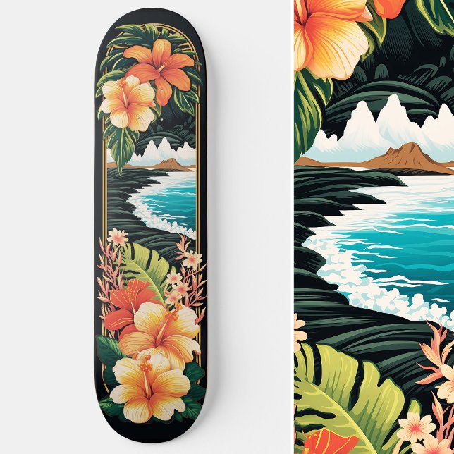 Skateboard Plage du Paradis tropical & Fleurs Art (Tropical Paradise Beach & Flowers Art Skateboard)