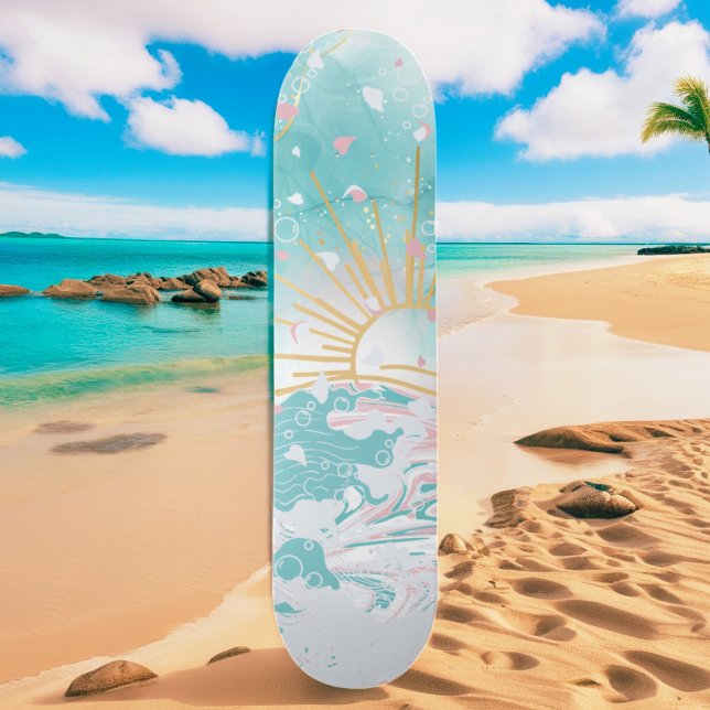 Skateboard Plage turquoise et rose Vagues côtières Femme Débu (Créateur téléchargé)