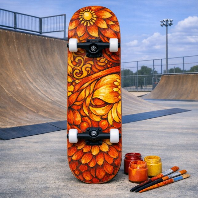 Skateboard Planche à peindre soi-même à fleurs noir et blanc (Créateur téléchargé)