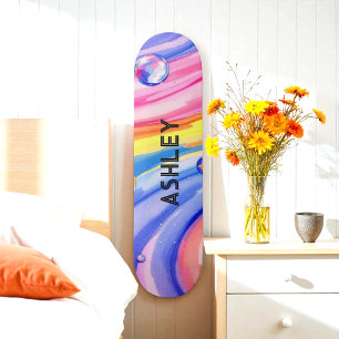 Skateboard Planche à roulettes aquarelle motif surf bleu rose