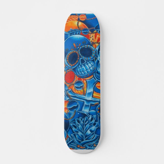 Skateboard Planche à roulettes bleue et orange de crânes (Devant)