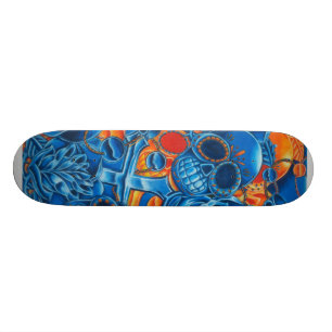 Skateboard Planche à roulettes bleue et orange de crânes