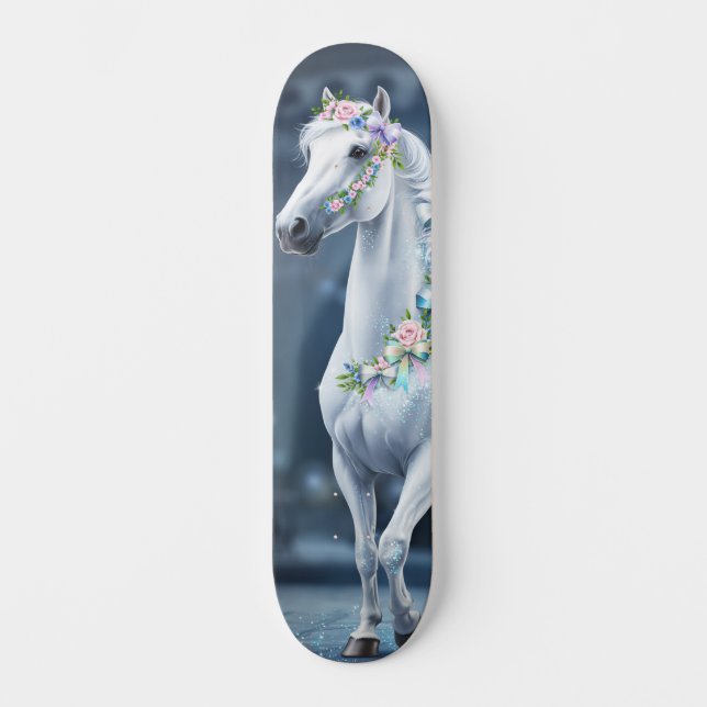 Skateboard Planche à roulettes Cheval Blanc avec Fleurs (Recto)
